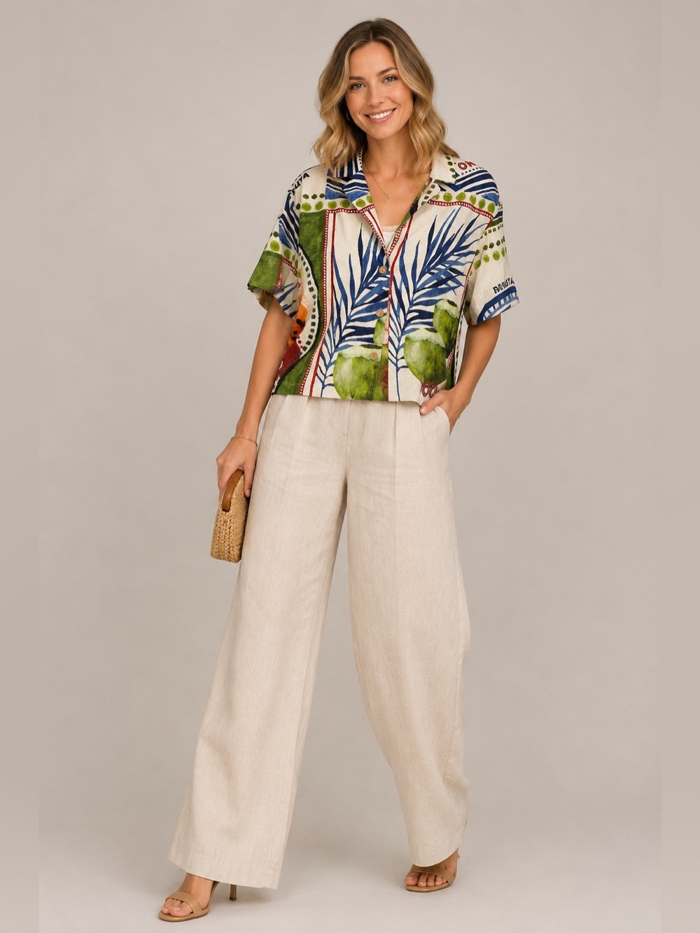 Rachel Zoe Linen Blend Tropical Print Button Down Top